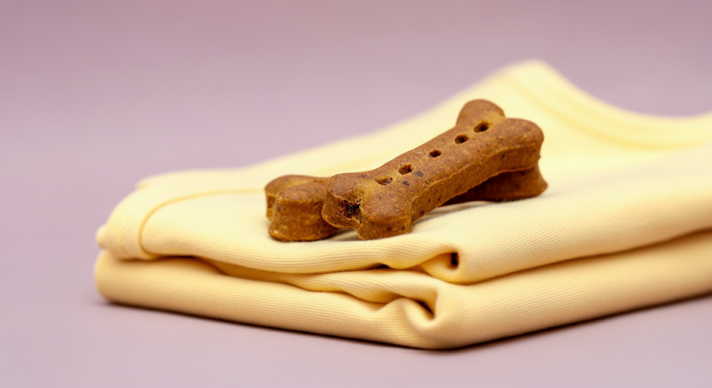 パステルイエローのマナーウェアの上に置かれた、美味しそうな犬用おやつのマクロ写真。