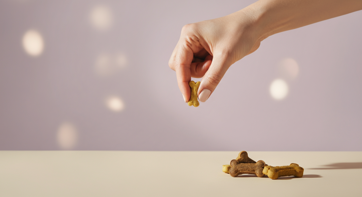 きれいな背景に、手から優しく落とされる犬用のおやつ。