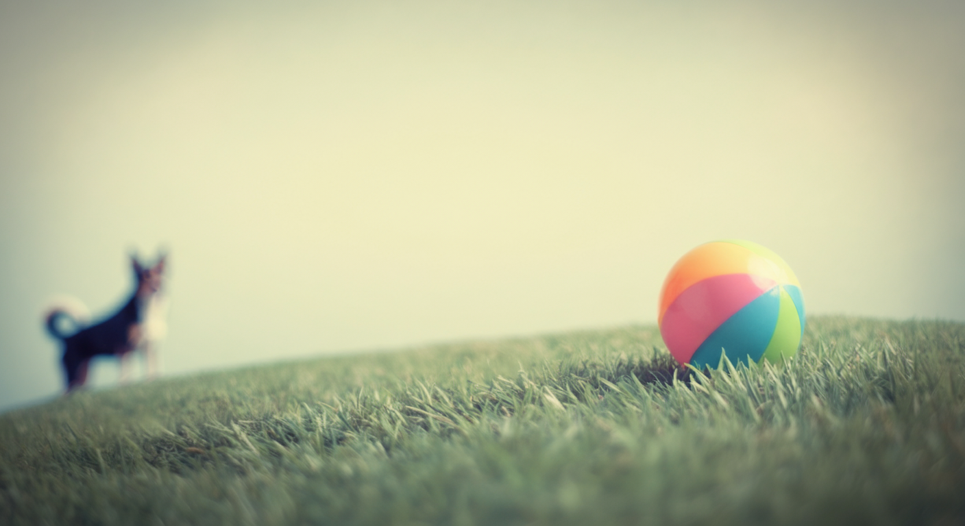 坂の頂上の芝生に置かれたカラフルなおもちゃのボール。坂の下にはぼやけた犬のシルエットが見える。