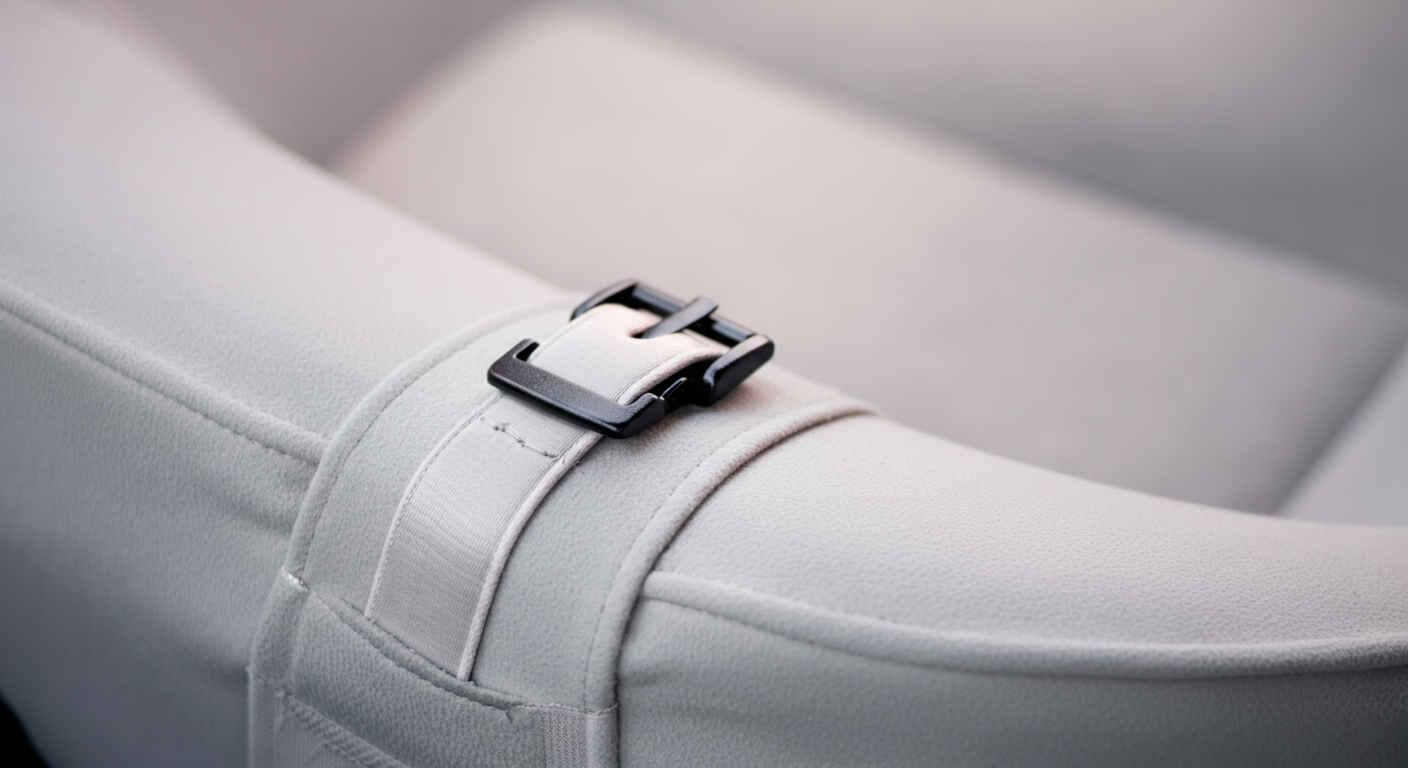 ライトグレーのシートカバーのストラップに付いている、黒くエレガントなバックル一つに焦点を当てた写真。背景は完全にぼけている。