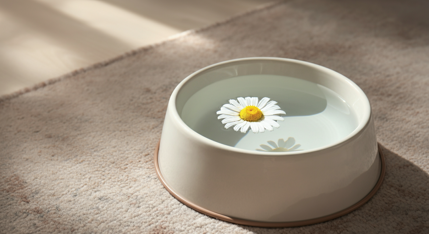 犬用の水入れに浮かぶカモミールの花。リラックスを象徴している。