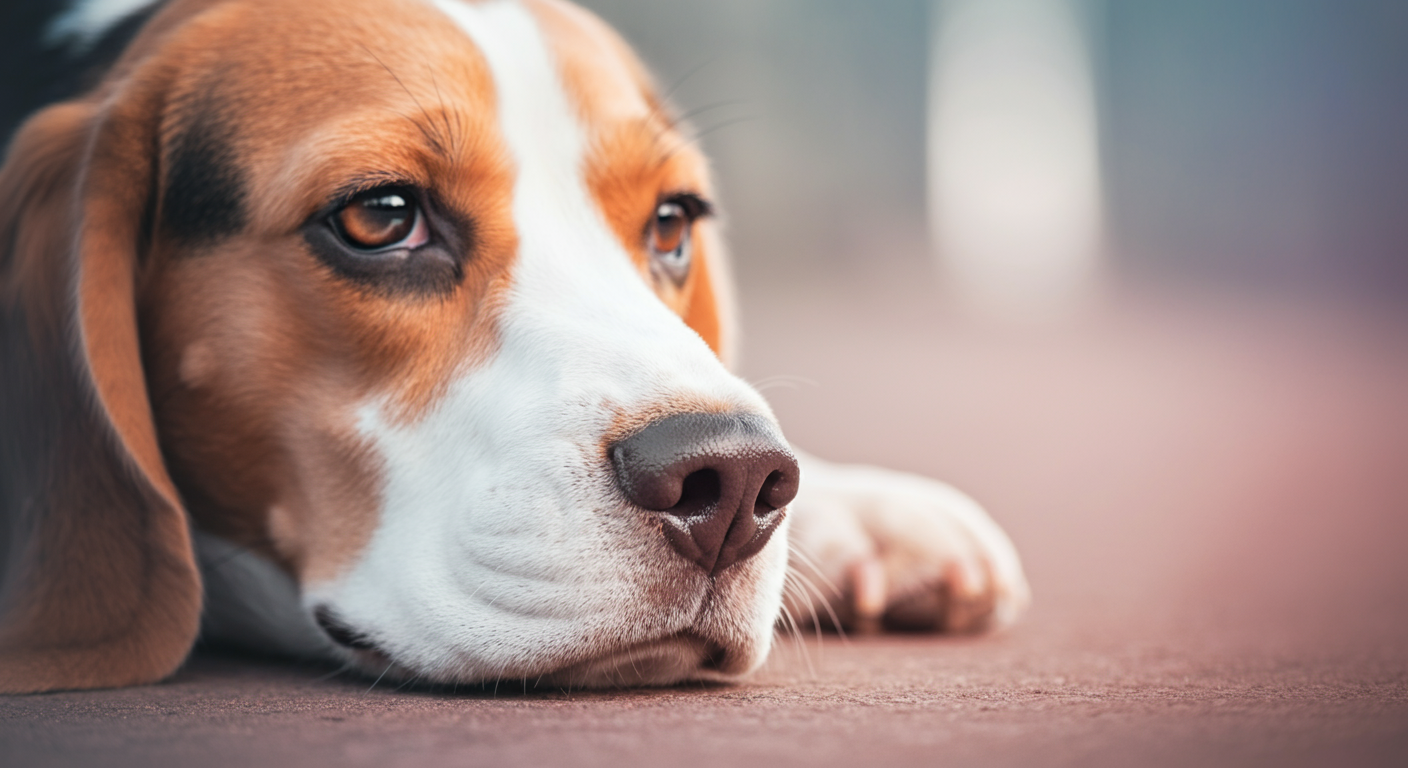 パステルカラーのミニマルな写真。匂いを嗅いでいる犬の鼻先のクローズアップ。犬の優れた嗅覚を表現している。