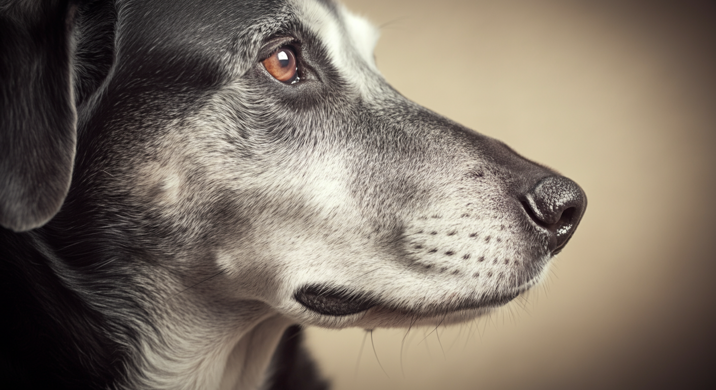 白髪が混じったシニア犬の鼻先の穏やかなクローズアップ。年齢を重ねた落ち着きを表現した、パステルカラーのミニマルな写真。