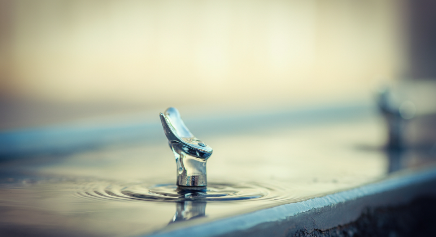 公園などにある公共の水飲み場がぼやけて写っており、手前に一滴のきれいな水滴がはっきりと写っている。衛生面への注意を促す抽象的な写真。