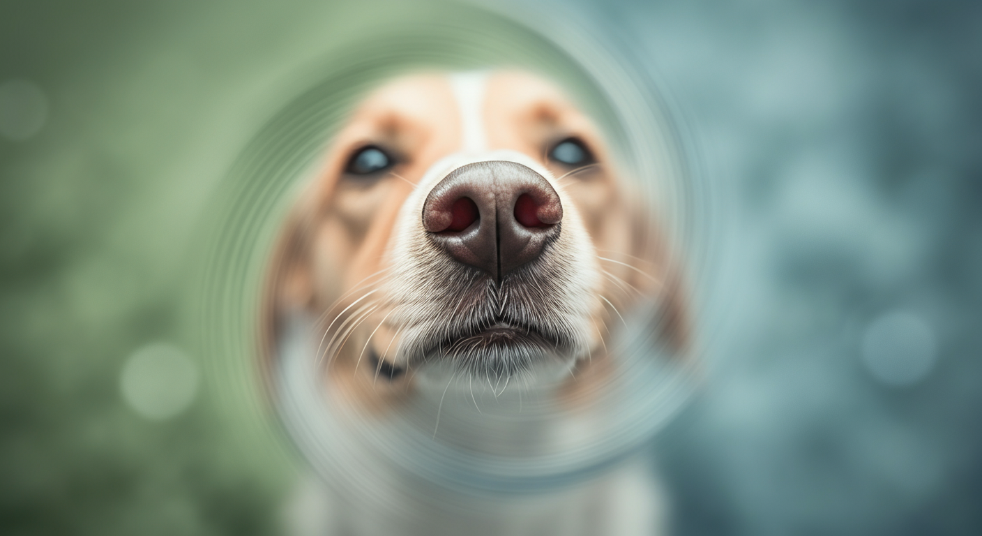 期待に満ちて鼻をひくひくさせている犬の鼻のマクロ写真。背景はパステルカラーでぼけている。