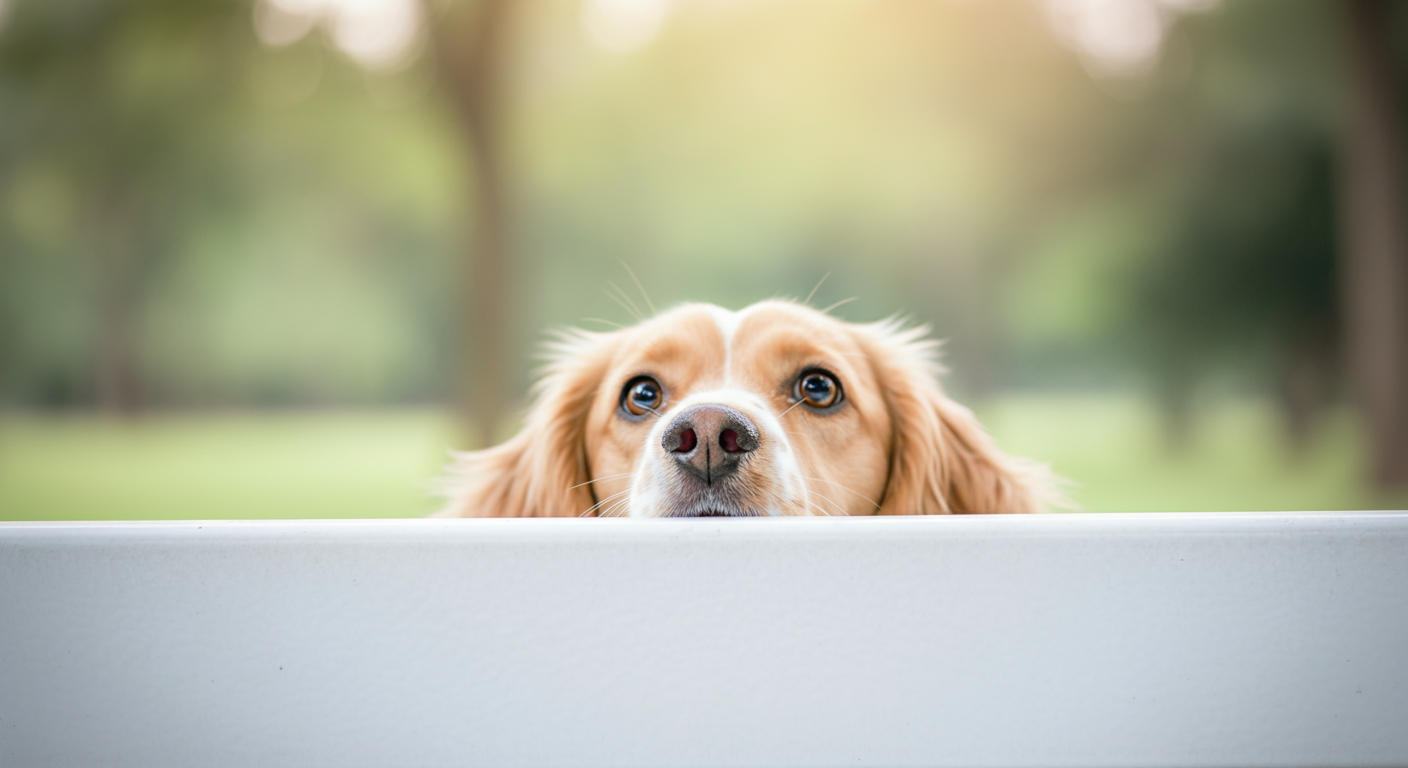白いフェンスの隙間からドッグランを覗く犬の鼻先のクローズアップ。背景はパステルカラーでぼかされている。