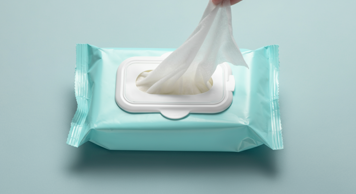 パステルカラーのパッケージから、清潔なウェットティッシュが1枚引き出されている様子のマクロ撮影。