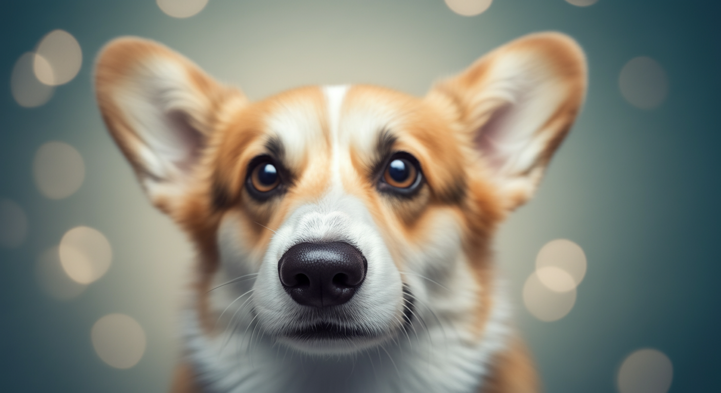 好奇心旺盛なコーギーが鼻先をカメラに近づけている様子。背景は大きくぼけている。