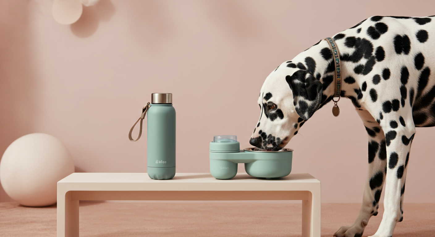 ダルメシアンがボウル一体型の給水ボトルから水を飲んでいる便利なシーン