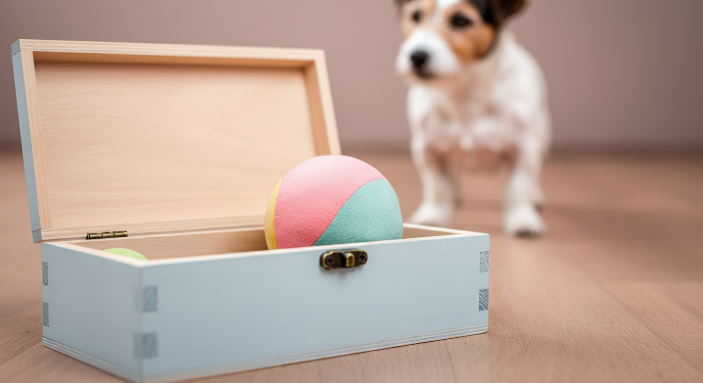 パステルカラーのおもちゃ箱から、カラフルなボールが一つだけ覗いている。背景には犬のシルエットがぼんやりと見える。