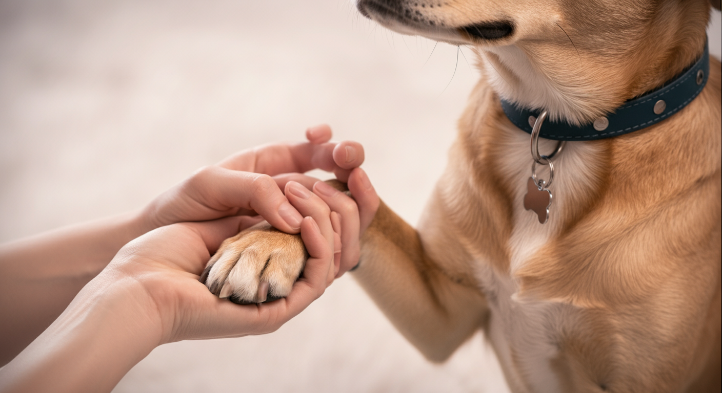 犬の足と飼い主の手が優しく触れ合っている様子。犬の首輪には迷子札が光っている。