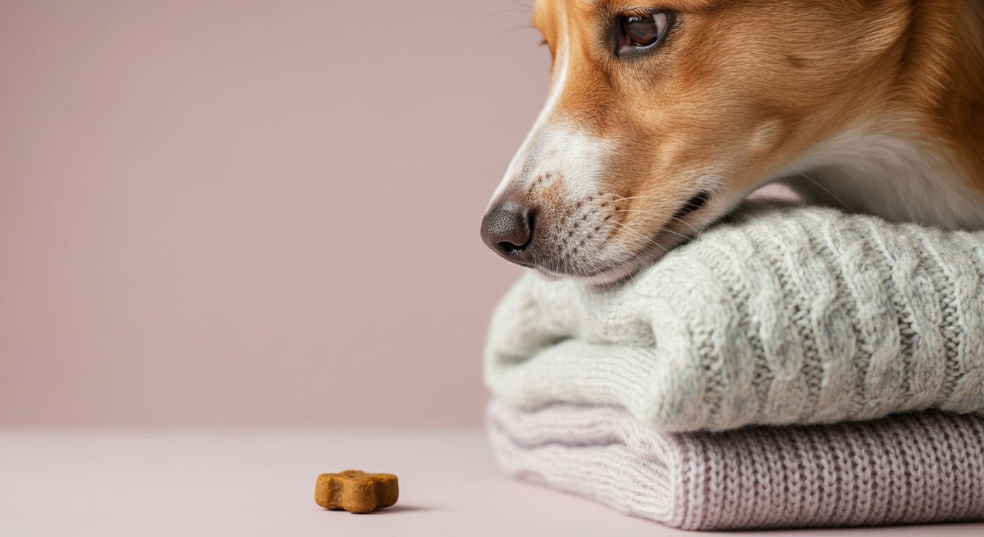 たたまれた柔らかい犬用のセーターの匂いを嗅ぐ犬の鼻先のクローズアップ。近くに美味しそうなおやつが一つ置かれている。