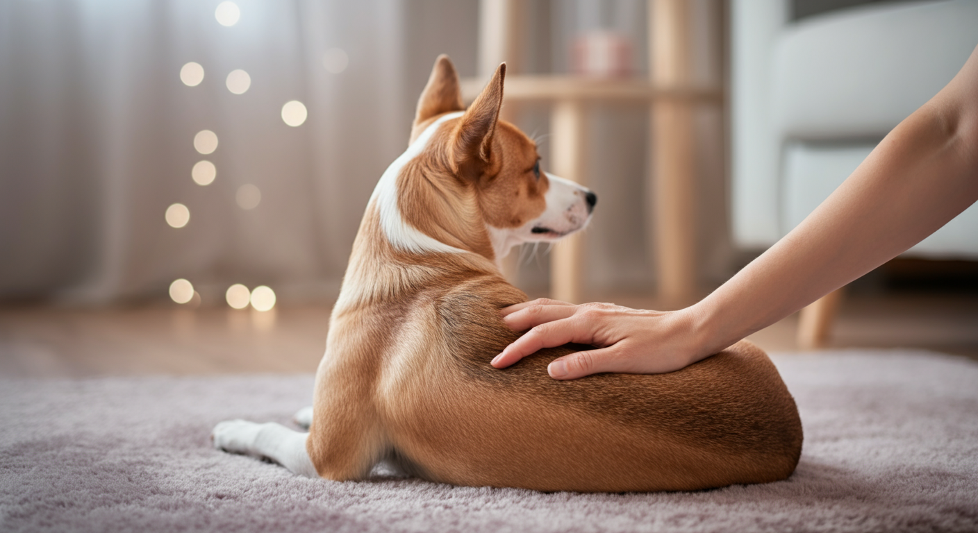 飼い主の手に優しく背中を撫でられている、リラックスした犬の後ろ姿。