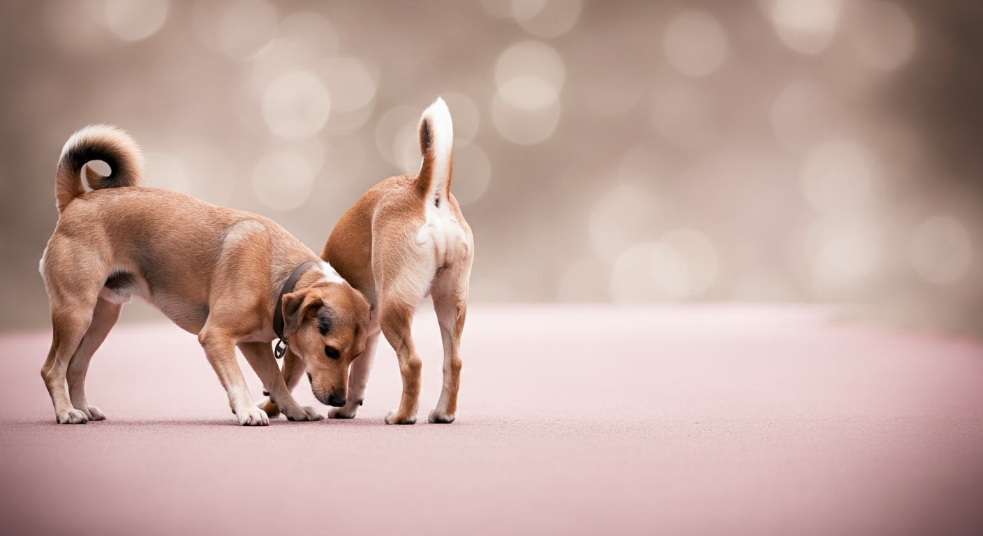 お互いのお尻の匂いを嗅ぎあっている2匹の犬。リラックスした尻尾の様子がわかる抽象的な構図。
