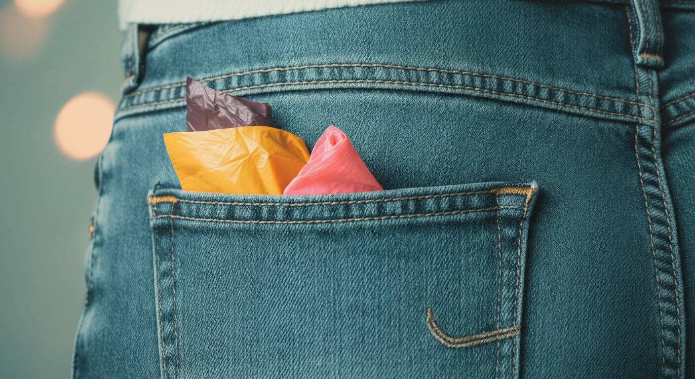 ジーンズの後ろポケットから、ハンカチのようにうんち袋が数枚のぞいているスタイリッシュな写真。