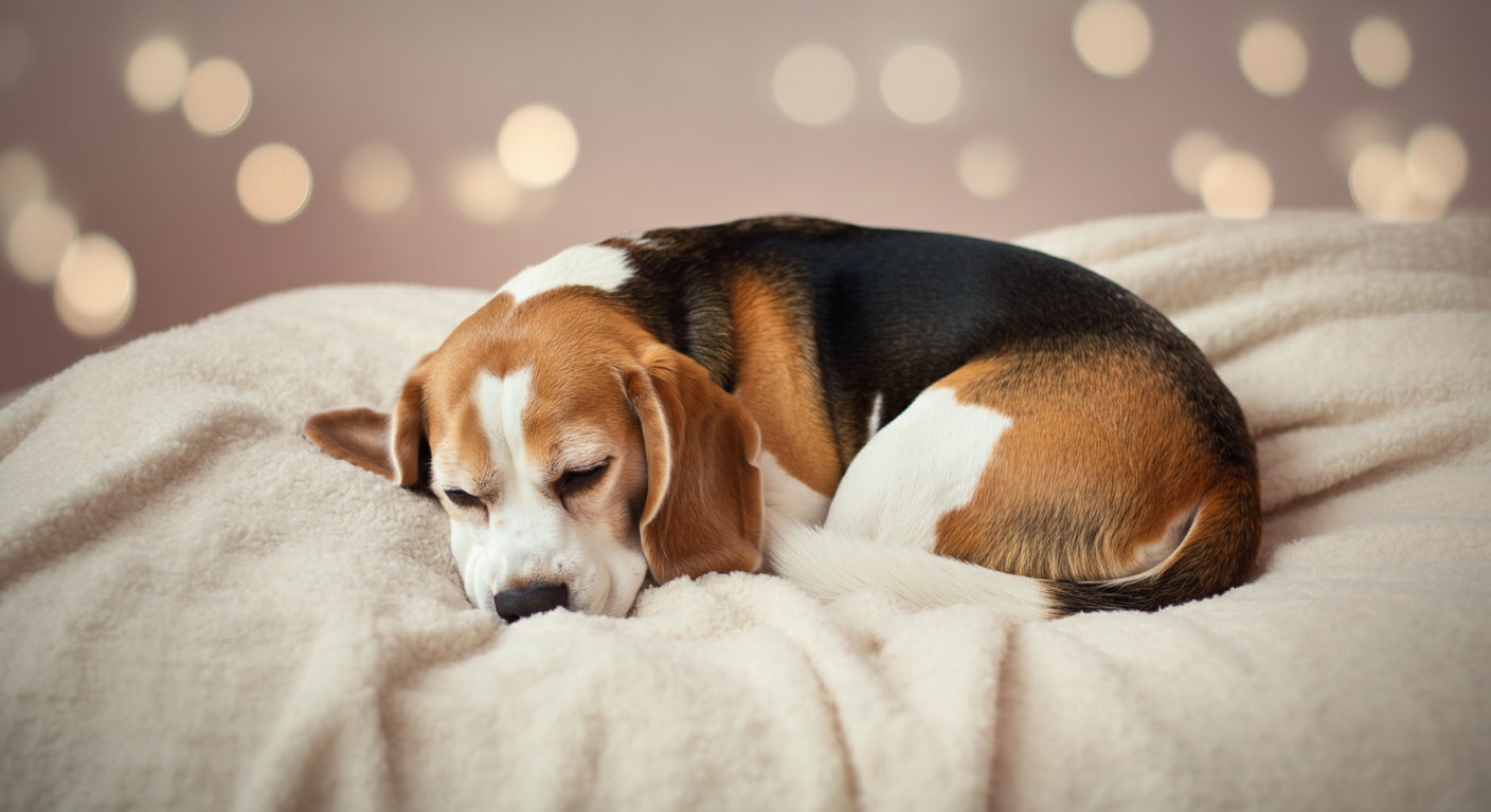 柔らかいブランケットの上で丸くなって眠るビーグルの姿。