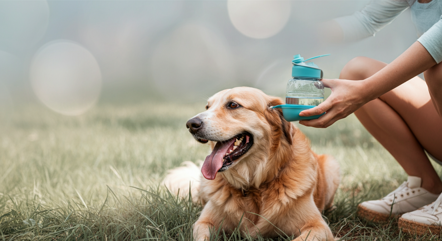 ドッグランで休憩中の犬に、飼い主が給水ボトルでお水を与えている。