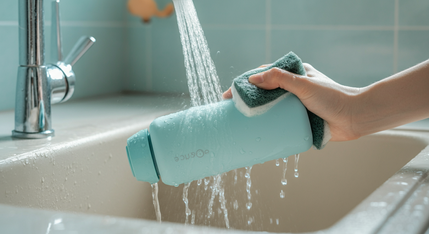 パステルブルーの犬用給水ボトルを、人が丁寧に洗っている様子。蛇口から流れる水がキラキラと光っている。