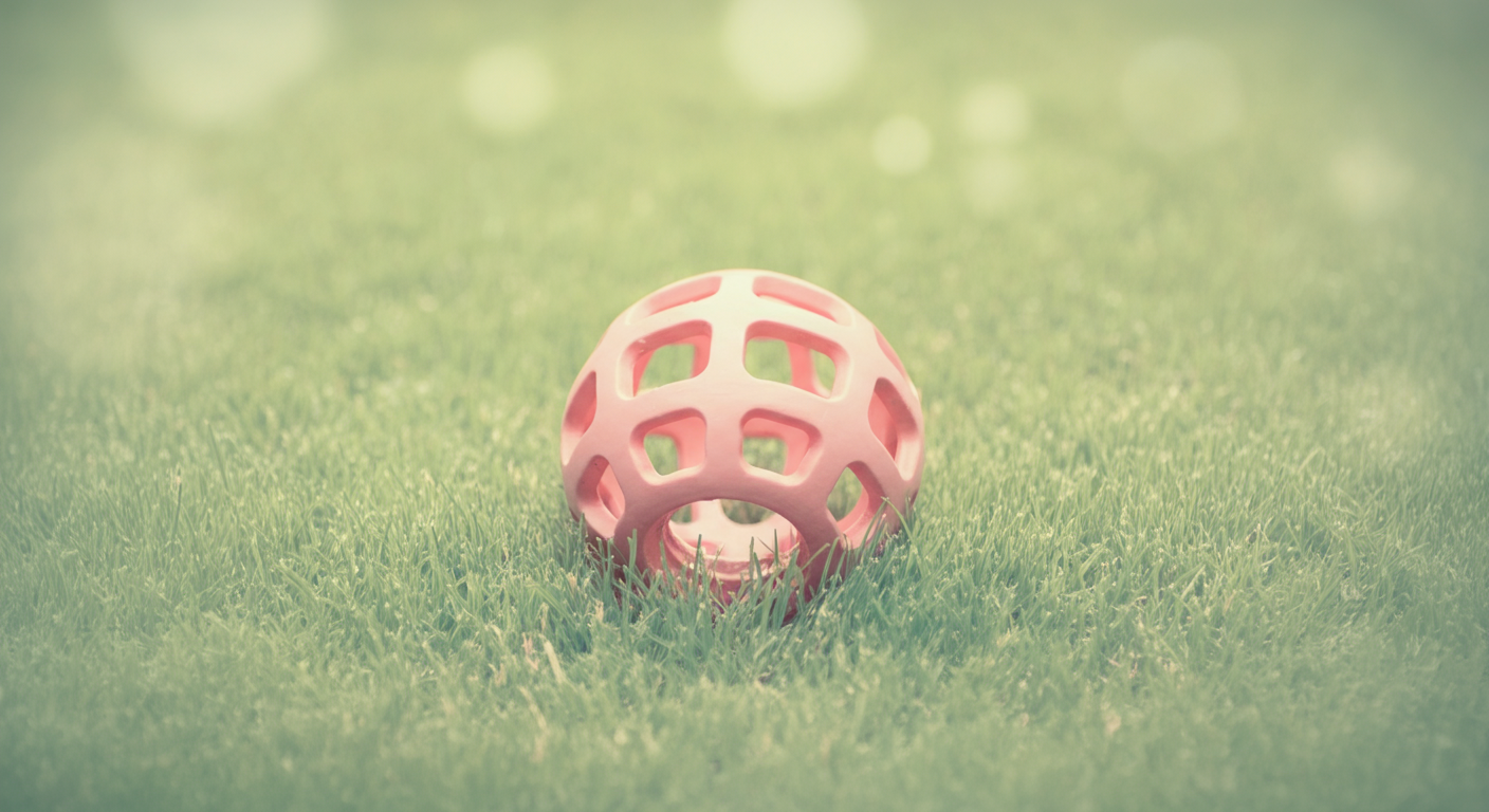 緑の芝生の真ん中にちょこんと置かれた、パステルカラーのボールの俯瞰写真。