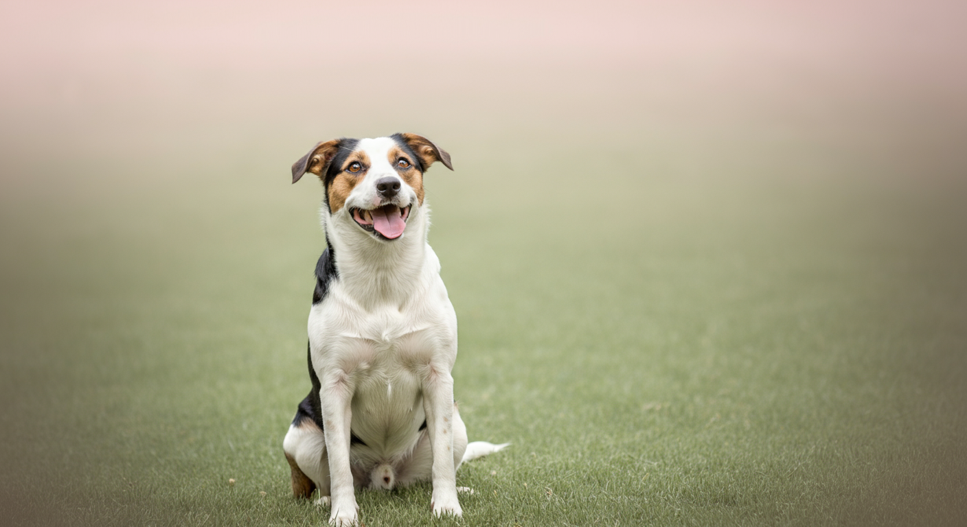 緑の芝生の上で完璧な「おすわり」をして、キラキラした目で飼い主を見上げている犬