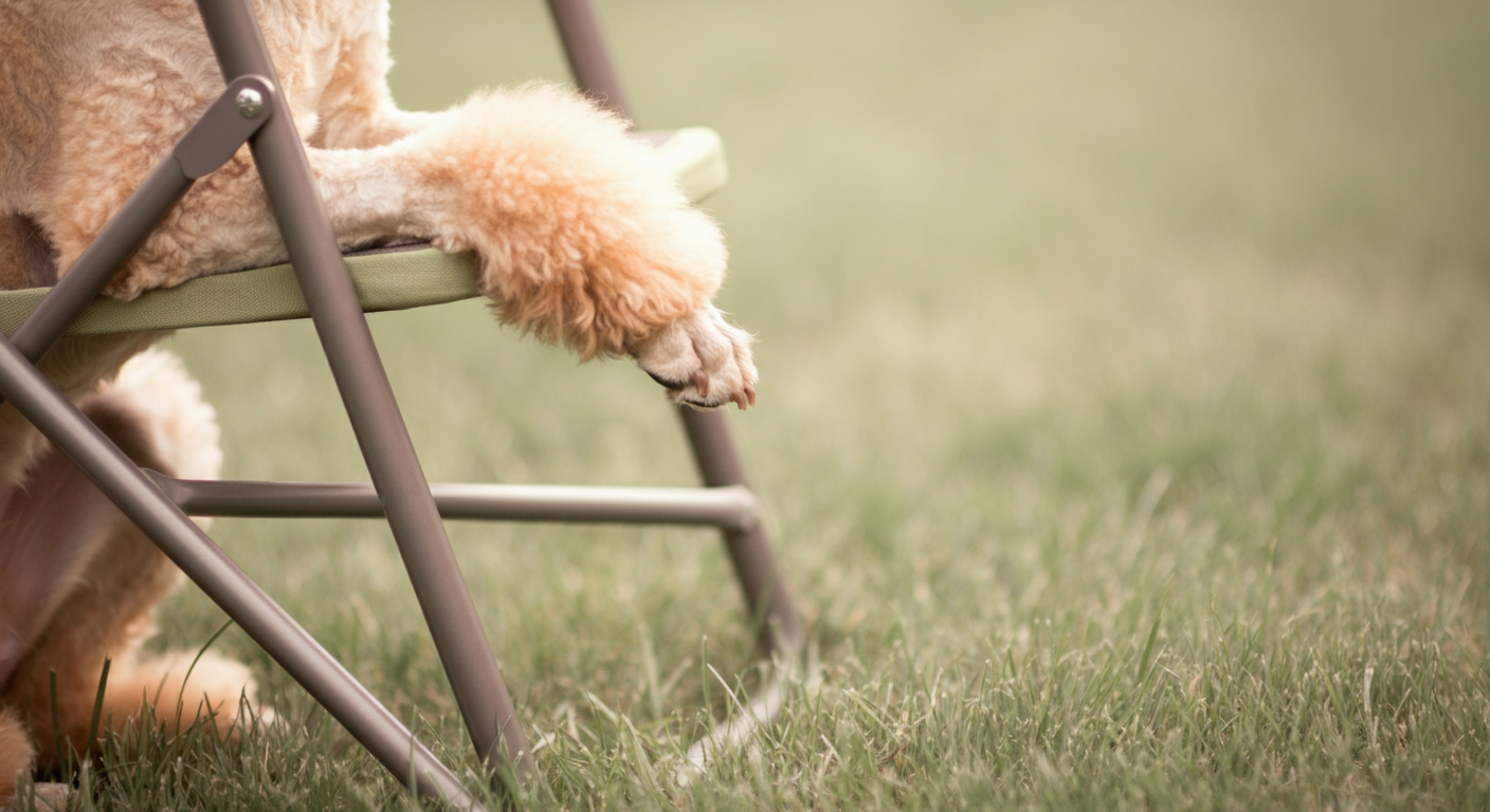 芝生の上にしっかりと設置された折りたたみ椅子の頑丈な脚のアップ。一匹のプードルの前足がそっと脚に置かれている。