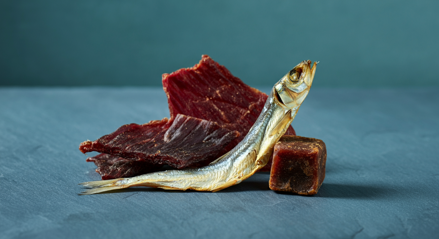 鹿肉や魚など、アレルギー対応の代替タンパク質を原料とするおやつが美しく並べられている