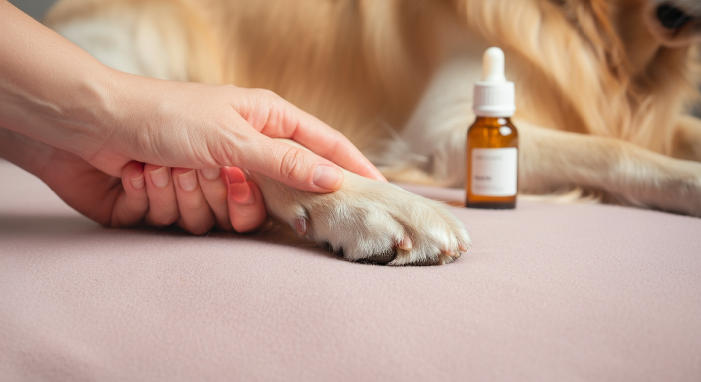 淡いピンク色のブランケットの上で、飼い主が犬の肉球を優しくマッサージしている様子。背景にはオイルのボトルがぼかして写っている。