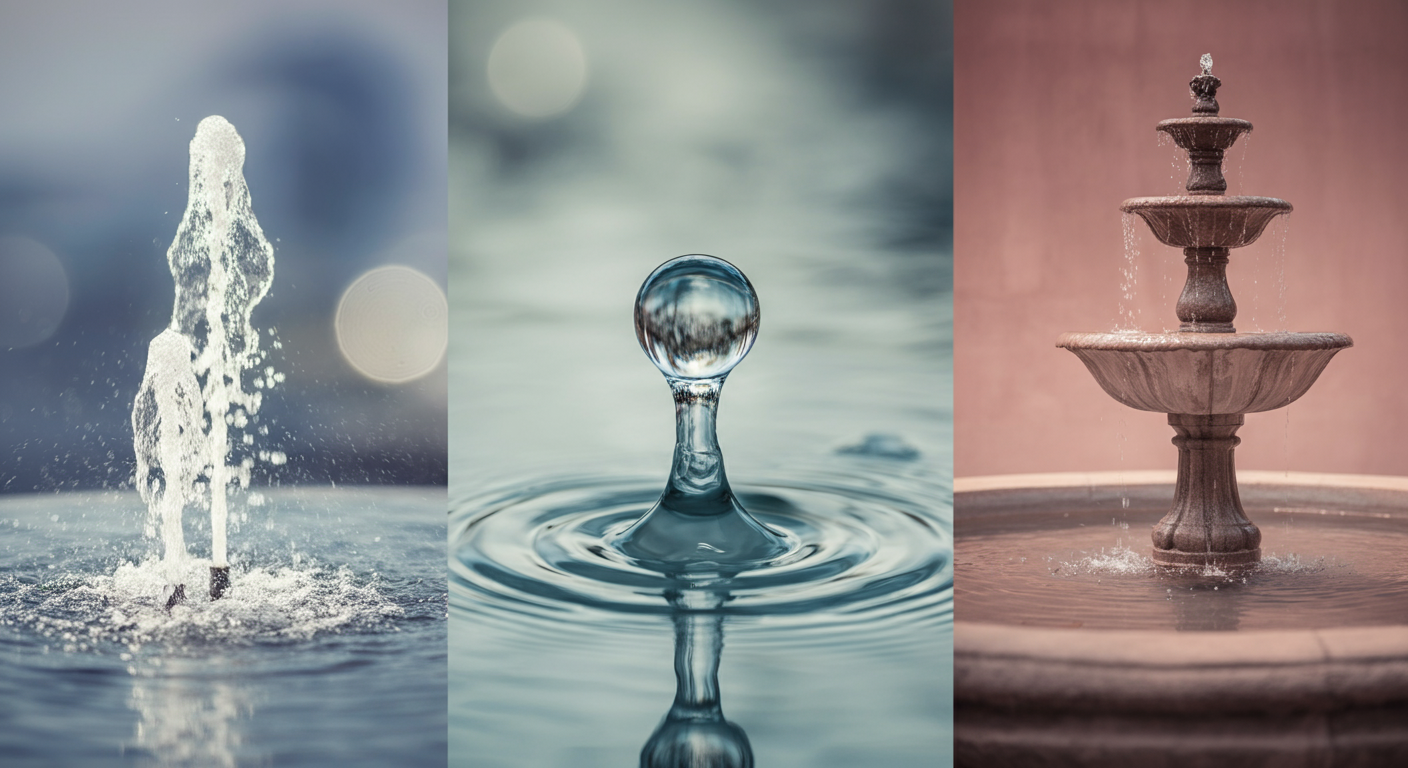 前景のクリアな一滴の水にピントが合い、背景には三種類のデザインが異なる自動給水器がぼかして並べられている抽象的な写真。
