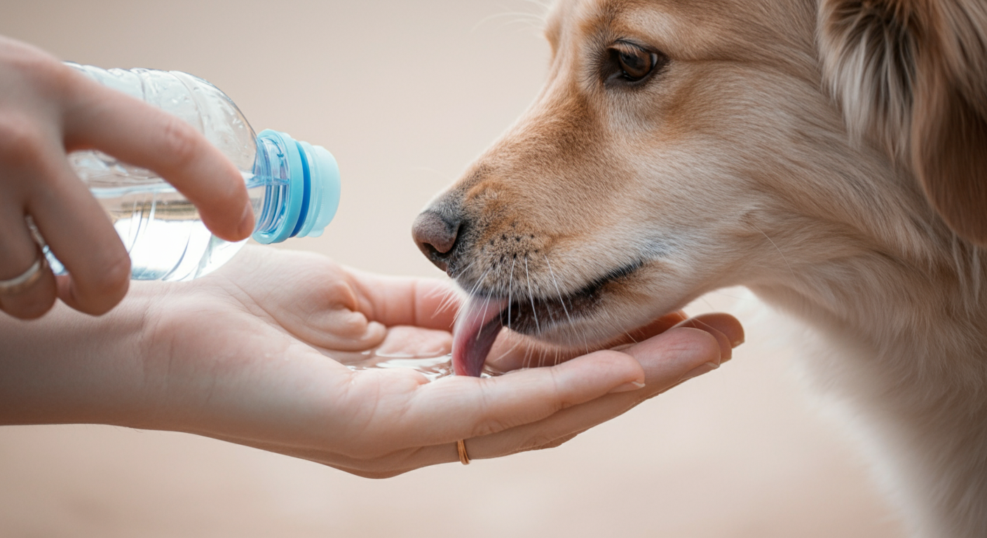 飼い主の手のひらに溜めた水を犬が舐めている様子のクローズアップ写真