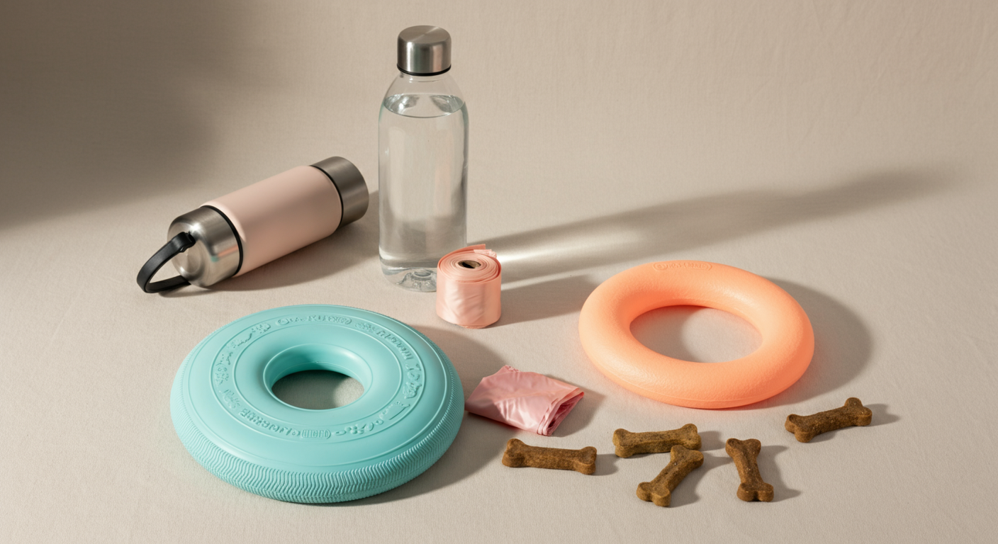 パステルカラーの背景に、犬用のフリスビー、水筒、おやつのような持ち物がきれいに並べられているフラットレイ写真。