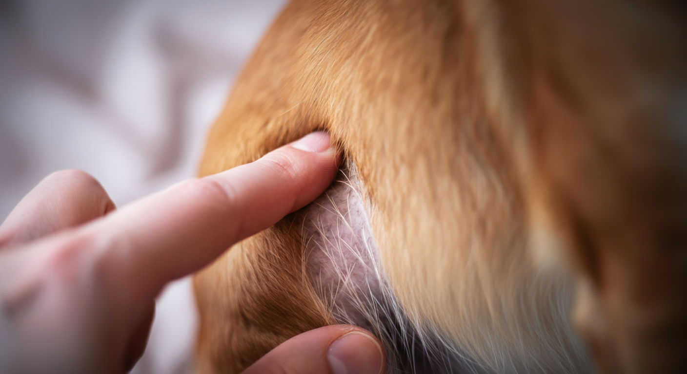 人の指先が、犬の内腿の毛が薄い部分にそっと触れている様子。パッチテストを暗示している。