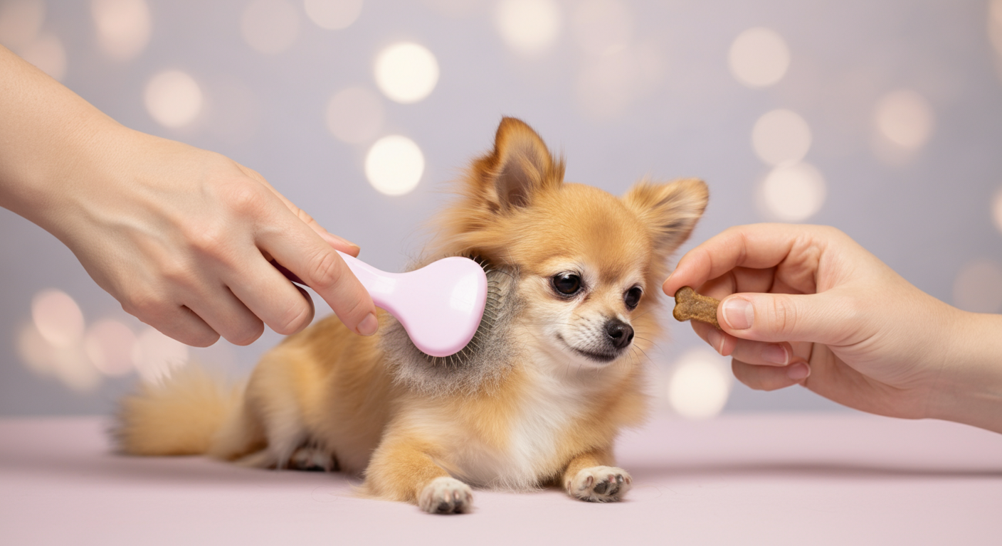 パステルカラーの柔らかな光の中、人の手がブラシで犬の毛をほんの一瞬だけとかし、もう一方の手におやつを持っているクローズアップ写真。