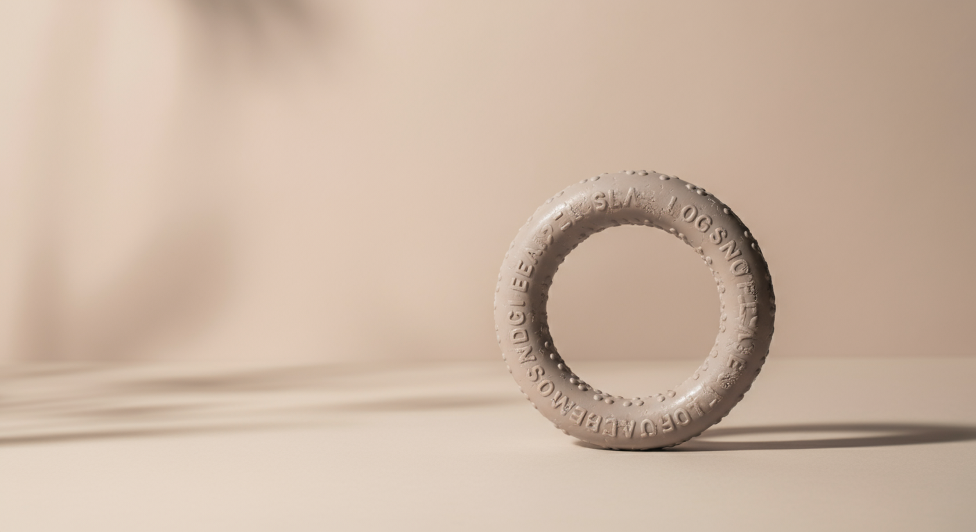 シンプルな背景に置かれた、飾り気のない犬用のゴム製リング。執着を生まないおもちゃの象徴。