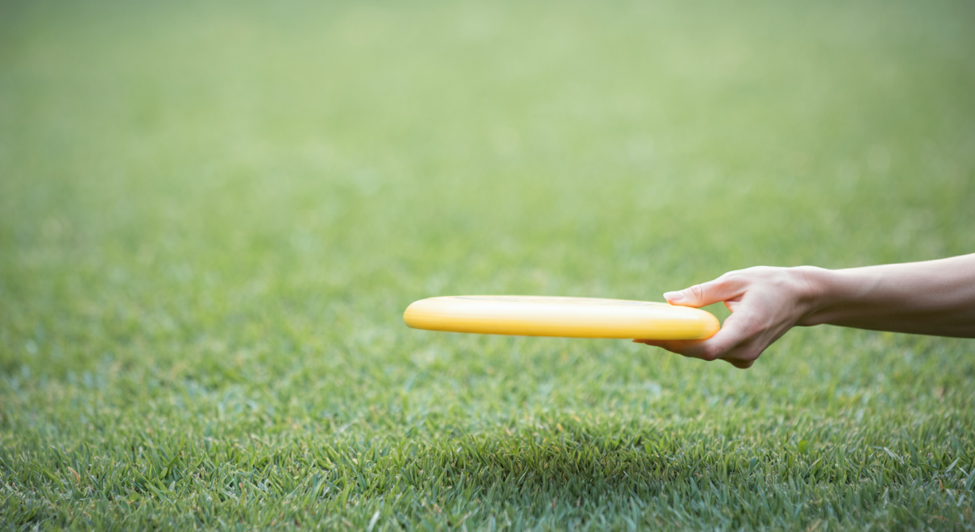 地面と平行になるように、低い位置でフリスビーを投げる瞬間の手のクローズアップ写真。