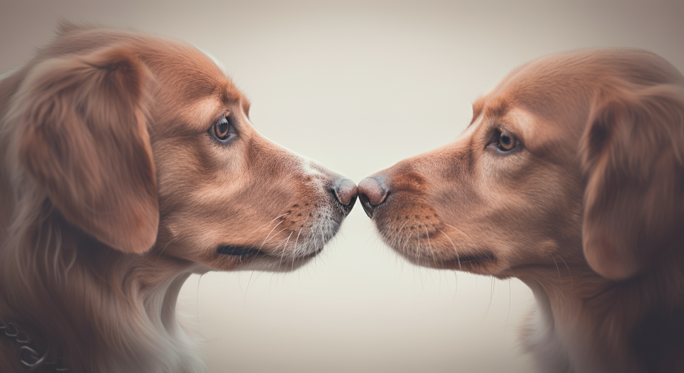 柔らかな光の中、二匹の犬の鼻先が優しく触れ合う瞬間を捉えた、抽象的で美しい写真。