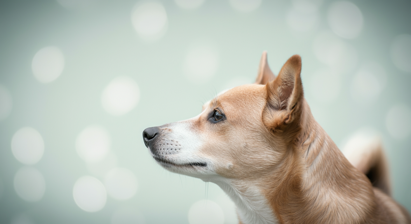何かに興味を示して、ぴんと立てられた一匹の犬の耳のクローズアップ写真。背景は柔らかくぼけている。