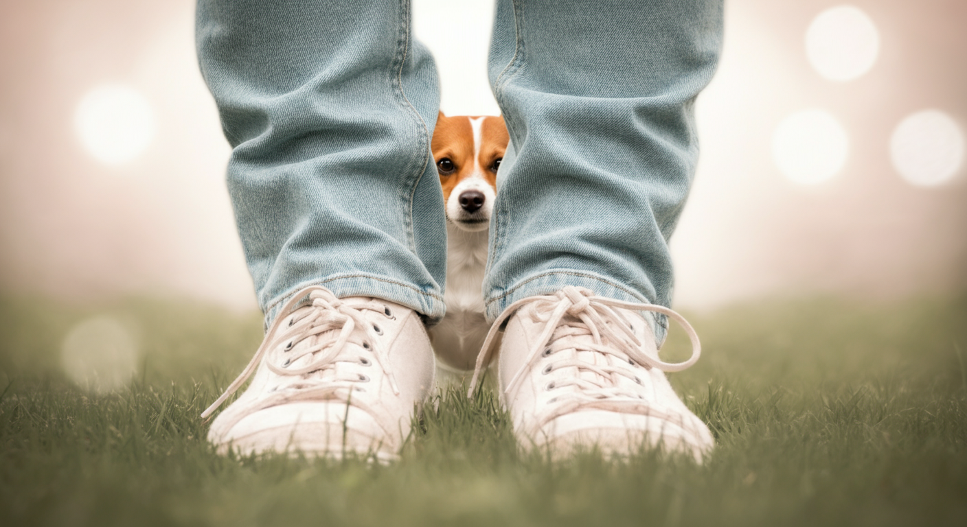 飼い主の足の後ろに隠れるようにして、安心を求める一匹の小さな犬。