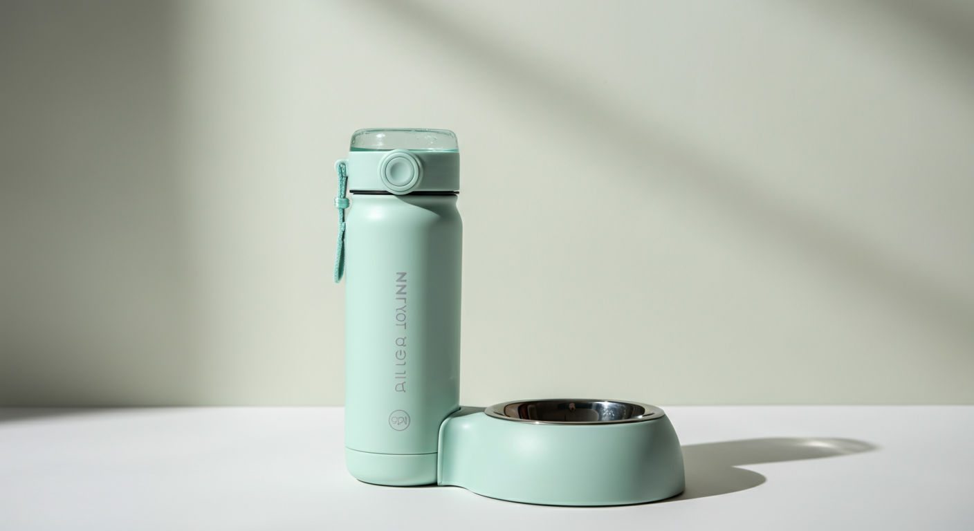 給水ボウルが一体になった、ミントグリーンの犬用多機能ウォーターボトル