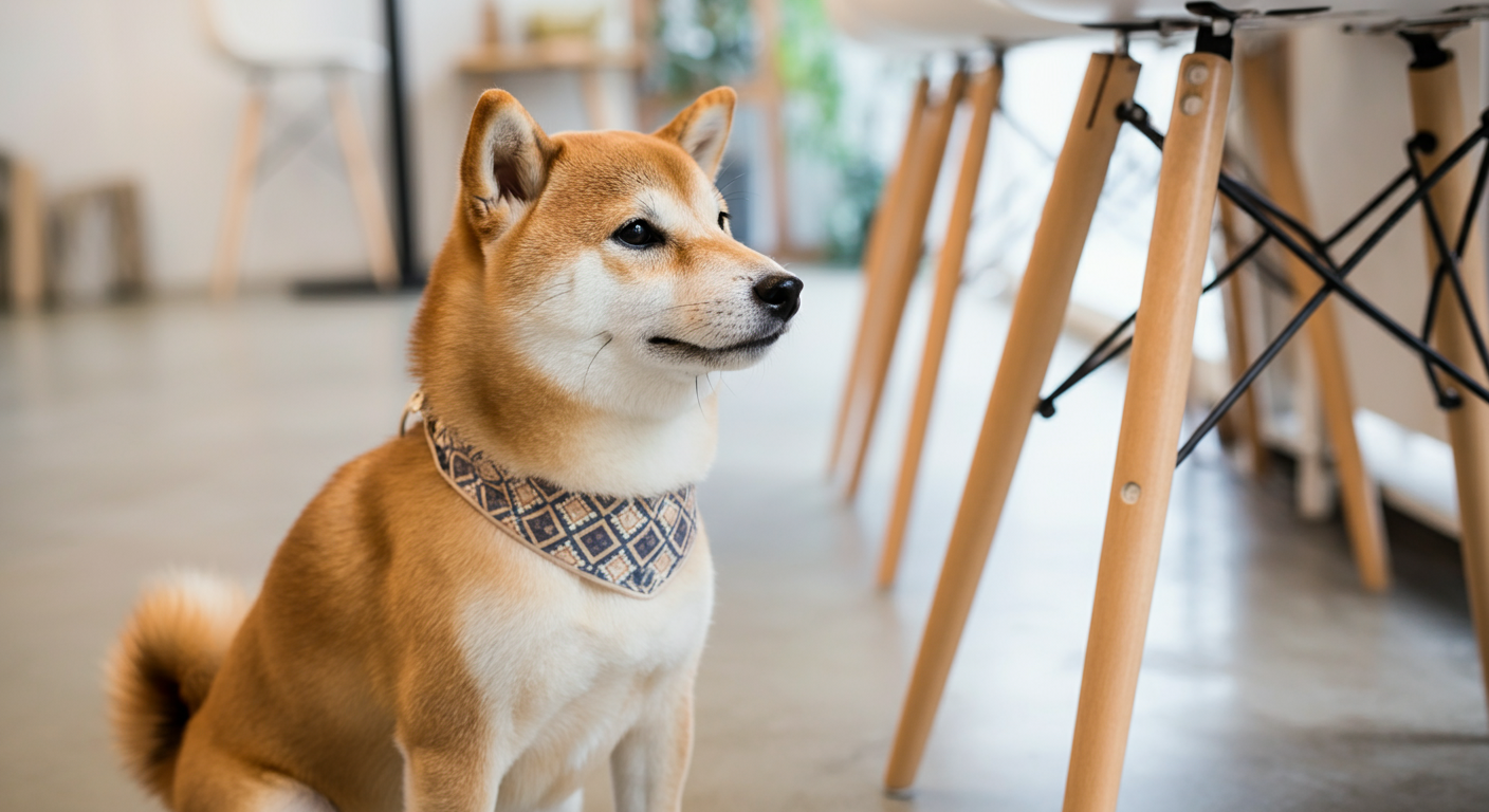 おしゃれなカフェの椅子脚の隣で、スタイリッシュな柄のマナーベルトを着けた柴犬が얌전하게座っているローアングル写真。
