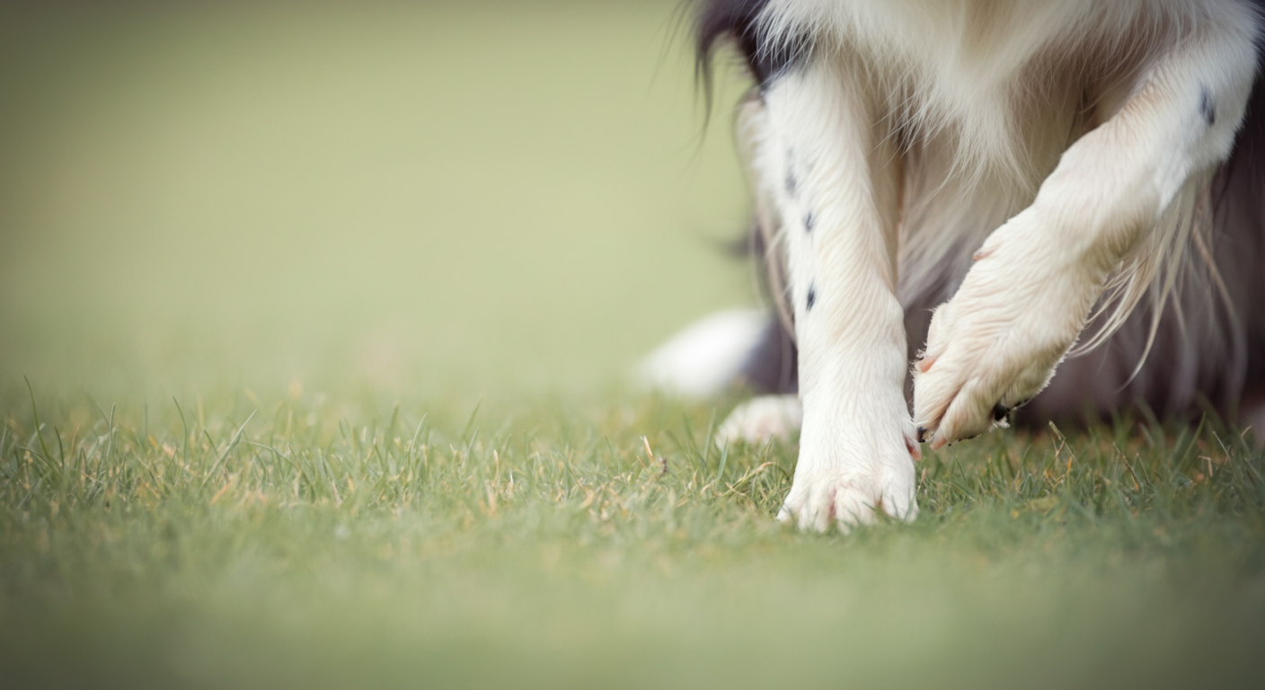 緑の芝生の上に置かれたボーダーコリーの前足のクローズアップ。走り出す準備ができている様子。
