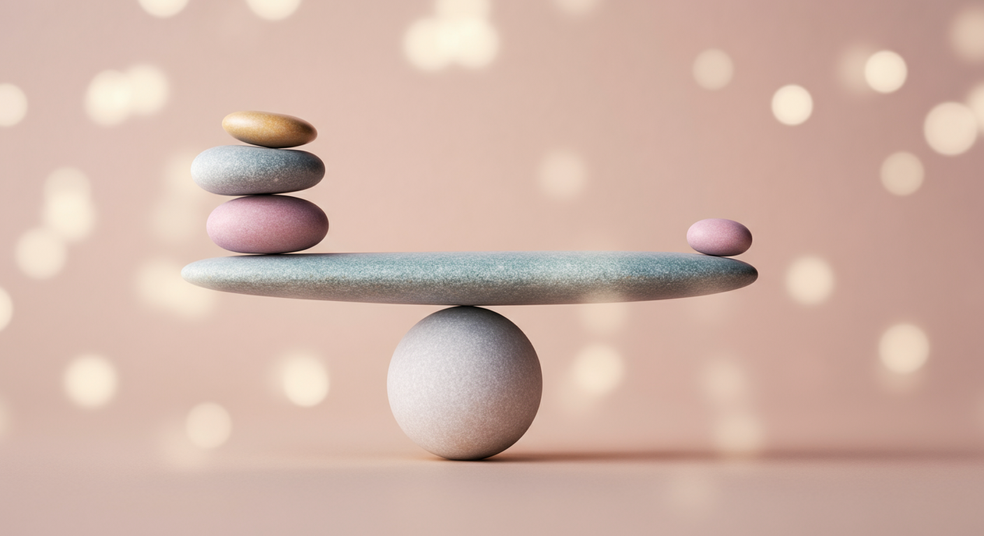 パステルカラーの滑らかな石が積まれているが、一つだけ少しずれていて、危ういバランスを表現している抽象的な写真。
