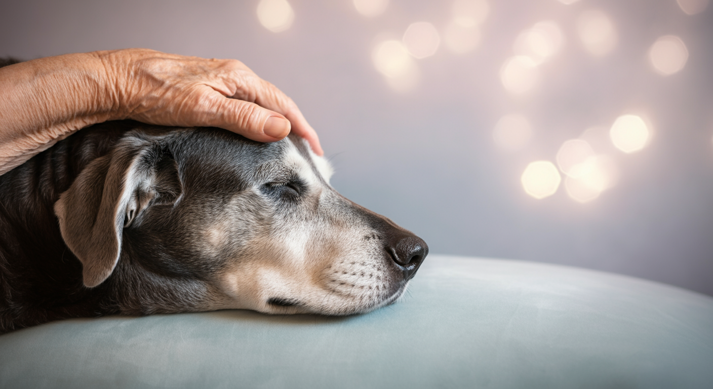 穏やかな光の中、年配の飼い主の手が、白髪の混じったシニア犬の頭を優しく撫でている。