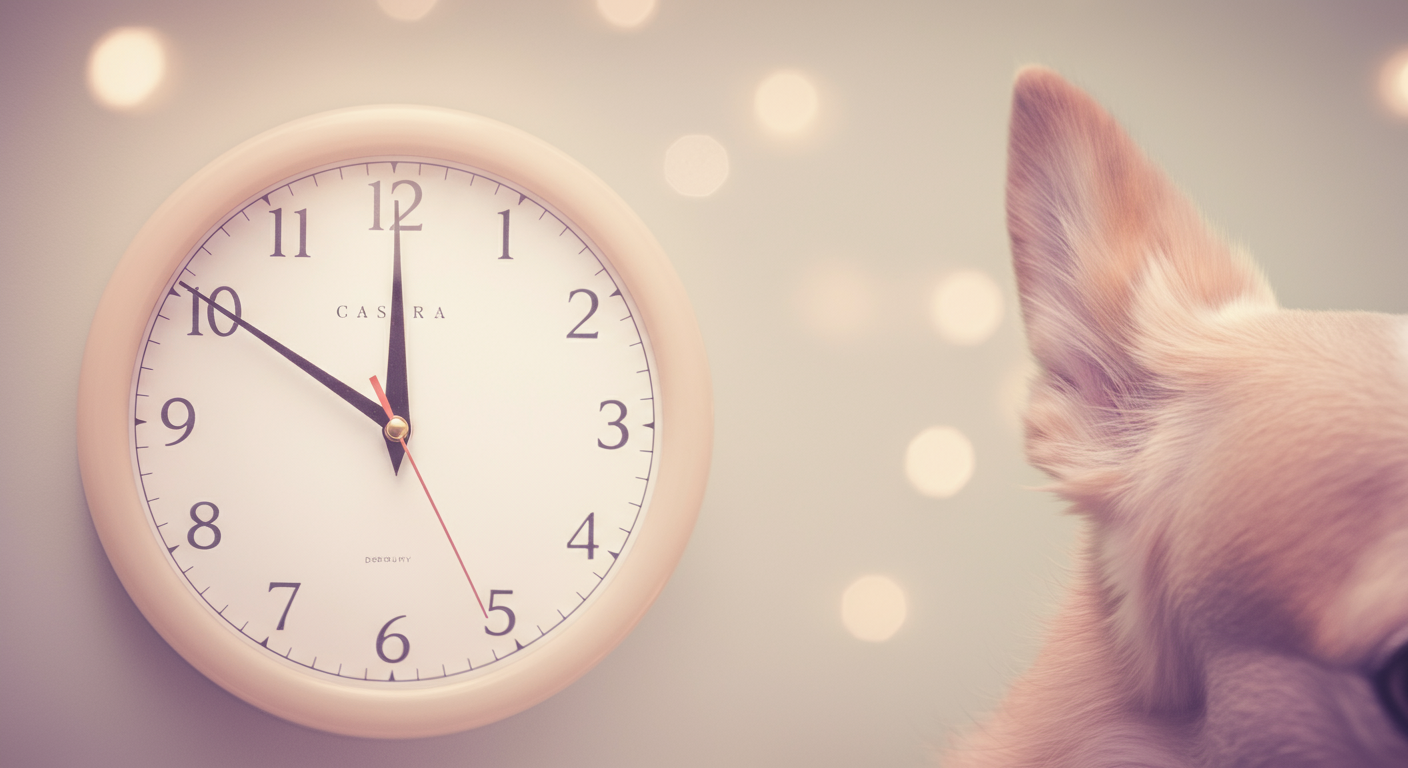 秒針がぶれているミニマルな時計と、犬の耳のクローズアップを組み合わせた抽象的な写真。