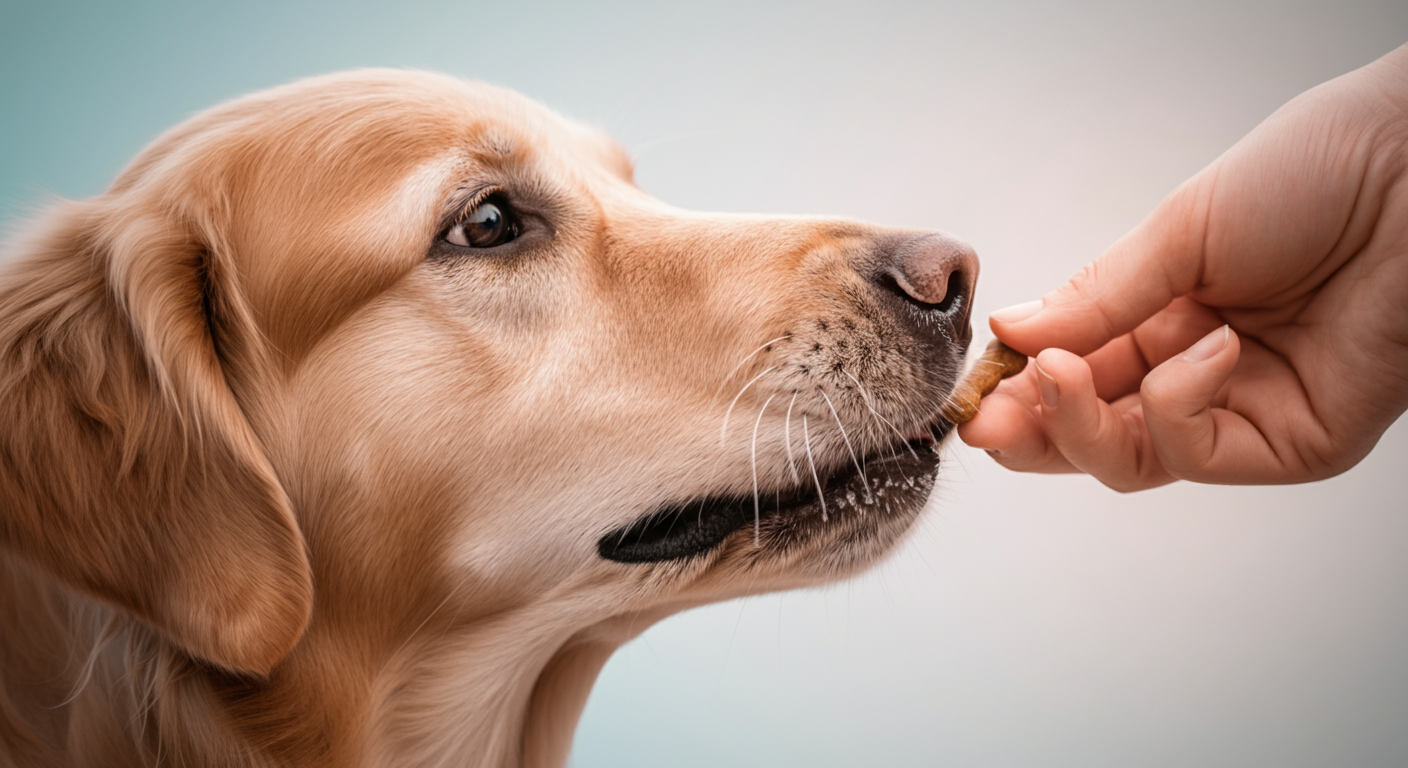 飼い主の手から優しくおやつを受け取る犬の口元のクローズアップ写真。