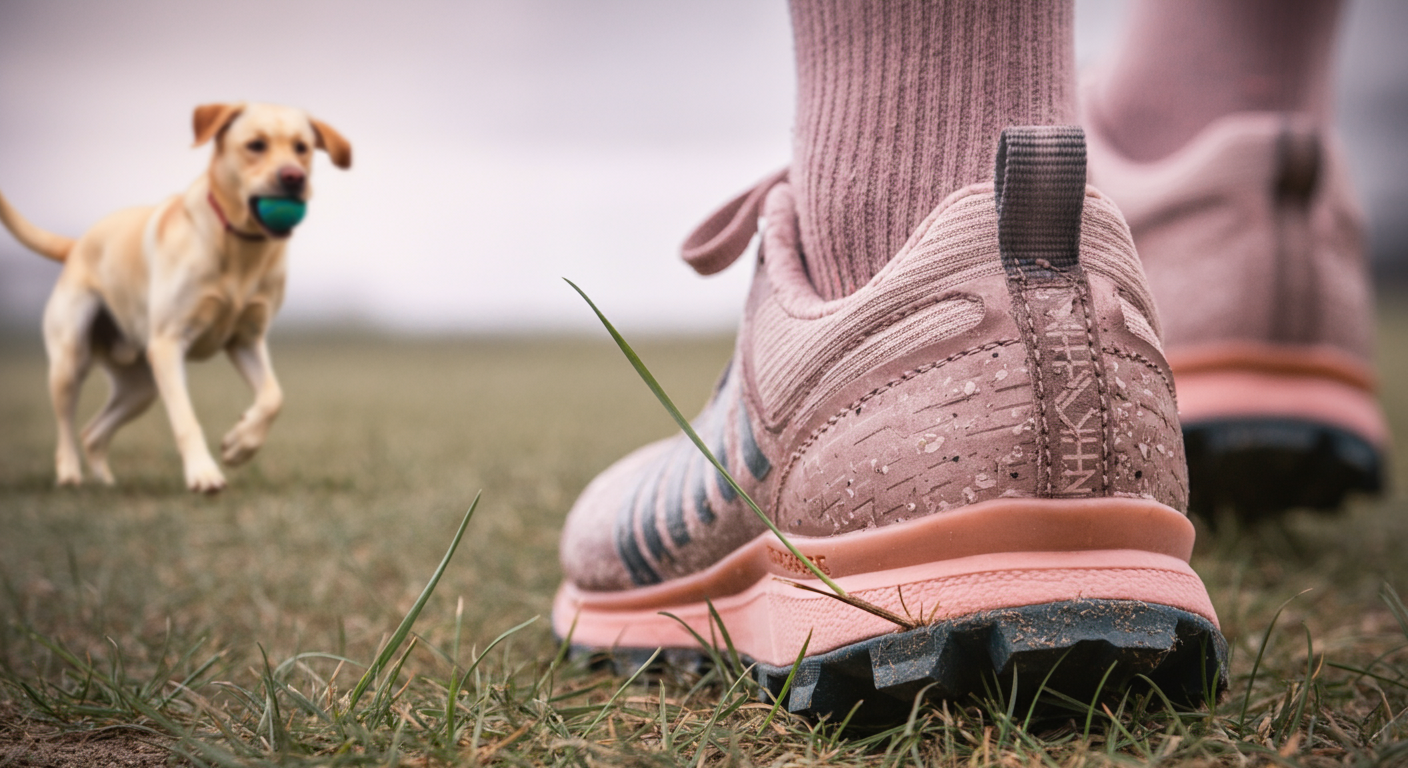 グリップ力の高そうなトレイルランニングシューズの靴裏のクローズアップ。