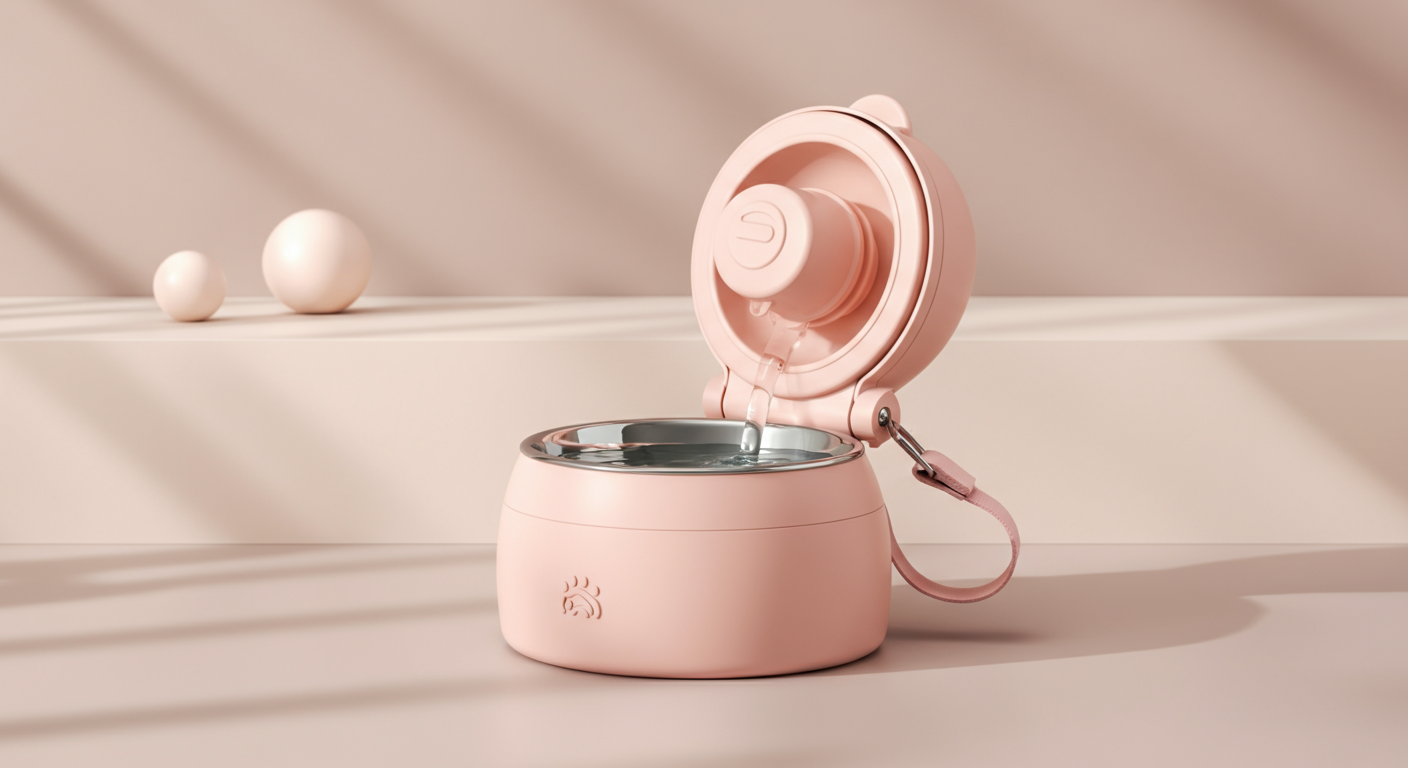 お皿とボトルが一体になった、パステルピンクの犬用給水ボトル。