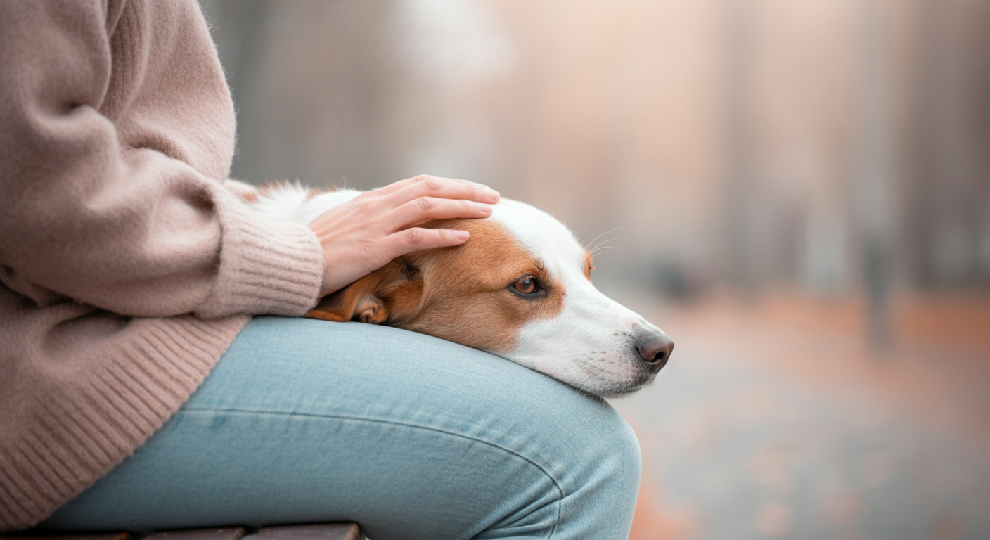 ベンチに座る飼い主の膝に頭を乗せて落ち着いている犬と、その犬を優しく撫でる手