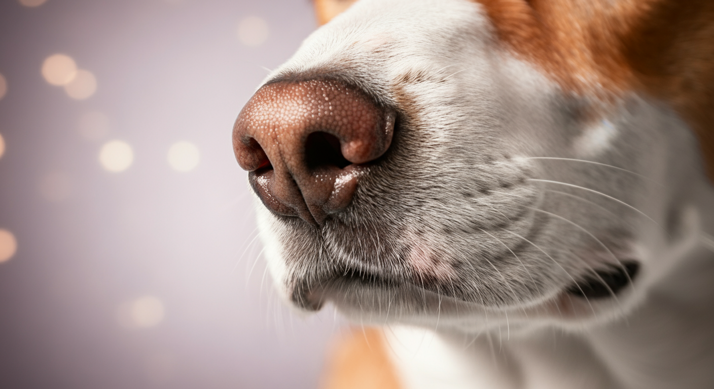 情報収集をしている犬を象徴する、濡れた犬の鼻の超クローズアップ写真。