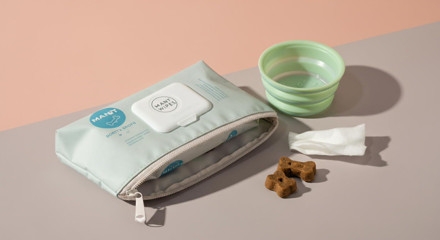 ウェットティッシュ、犬用おやつ、折りたたみ式の水飲みボウルが少し見える、開かれたマナーポーチ