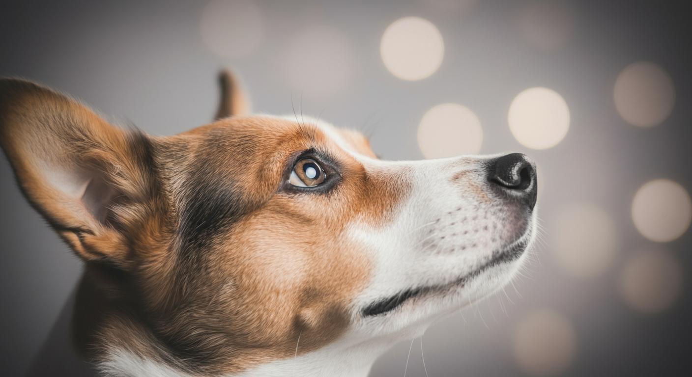 犬の目と耳のクローズアップ。何かを注意深く聞いている様子。